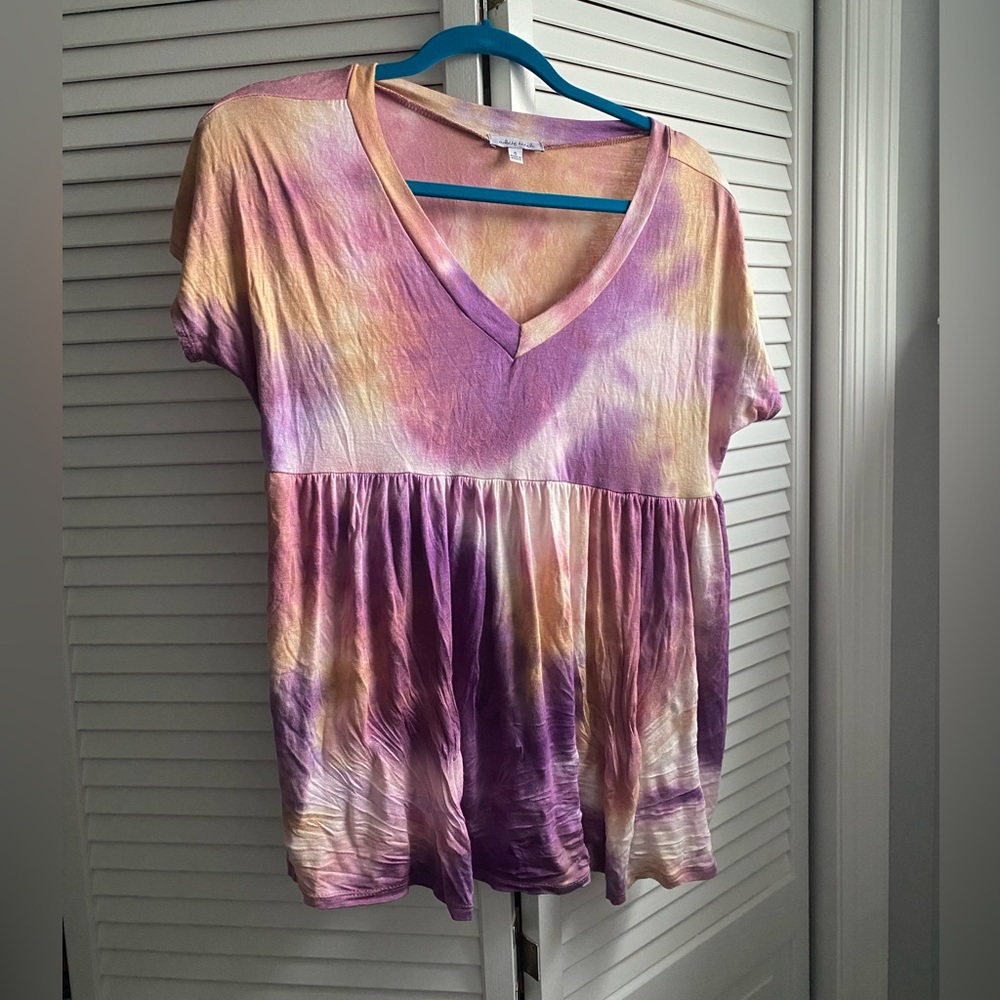 Tie Dye White Birch purple and pink peasant style float stretch top Small